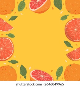 Citrus backgraund with grapefruits and leaves. Colourful vector illustration. Fruits frame. Isolated on yellow background.