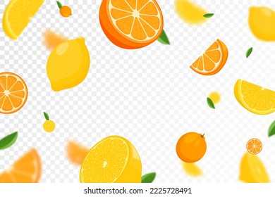 Citrus background. Flying Lemon and orange with green leaf on transparent background. Lemon and orange falling from different angles. Focused and blurry objects. Flat cartoon vector.