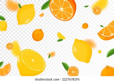 Citrus background. Flying Lemon and orange with green leaf on transparent background. Lemon and orange falling from different angles. Focused and blurry objects. Flat cartoon vector.