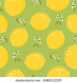 Fondo cítrico de limones frescos en un estilo plano. Fondo de pantalla de Vector colorido. Patrón sin costuras. Ilustración vectorial para imprimir
