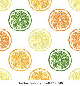 Citrus background. Lemon, lime, orange and mandarin slices seamless pattern. Polka dot background. Vector illustration.