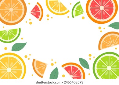 Citrus Background with Lemon, Orange, Grapefruit, Lime Slices. Cute Colorful Summer Fruit Frame. Vector Empty Blank Template with Space for Text.