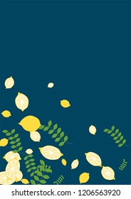 Citrus background with lemons and leaves on a blue background. Juicy lemon with branches for covers, templates, cards.