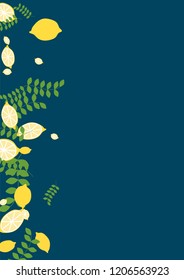 Citrus background with lemons and leaves on a blue background. Juicy lemon with branches for covers, templates, cards.