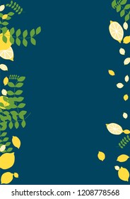 Citrus background with lemons and leaves on a blue background. Juicy lemon with branches for covers, templates, cards.