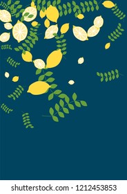 Citrus background with lemons and leaves on a blue background. Juicy lemon with branches for covers, templates, cards.