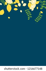 Citrus background with lemons and leaves on a blue background. Juicy lemon with branches for covers, templates, cards.