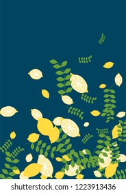 Citrus background with lemons and leaves on a blue background. Juicy lemon with branches for covers, templates, cards.