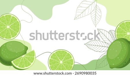 Citrus background with limes and leaves. Abstract tropical fruit background.