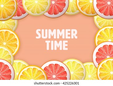 Citrus background with orange, lemon and grapefruit. Summer time.