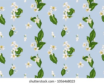 Citrus branches seamless pattern with flowers and leaves. Flowers of orange, lime, lemon and others. Blossom of spring spanish wedding mood
