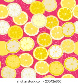 Citrus Cheerful seamless pattern. Vector background. Use for textiles, pillow & interior decoration, wallpaper, web page background, surface textures, wrapping paper, food & cosmetics labeling.
