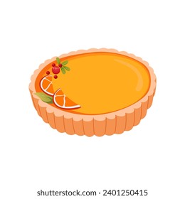 Citrus cheesecake decorated with with orange slices. Christmas and Holiday sweet pie. Tasty sweet desserts. Illustration for recipe cookbook, banner, postcard, menu. Vector flat illustration.