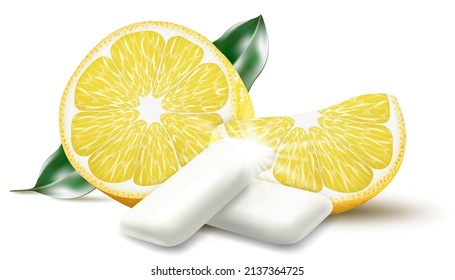 Citrus chewing gum. Bubble gum with lemon flavor. Chewing pads with fresh ripe lemon, oral health product, realistic advertising poster. Isolated 3d vector illustration