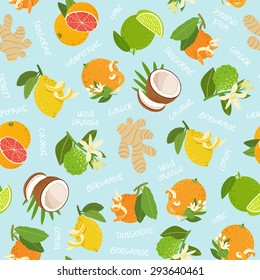 Citrus, coconut and ginger seamless pattern on blue background