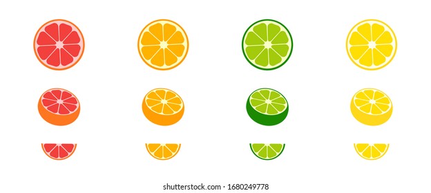 Citrus collection. Set of fresh fruit in flat design. Grapefruit, lime, orange and lemon, isolated on white background. Fresh citrus fruits with shadow. Vector illustration.