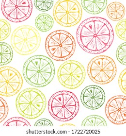 Zitruskrebsmuster. Zitronenscheibe im Chalk-Stil, Orange, Limette, Grapefruit. Handgezeichnete Wachskreize sind auf weißem Hintergrund. Einziger Wachskrebs-Zitrusfrüchte. Die tropischen Früchte von Freehand Pastel werden gedruckt.