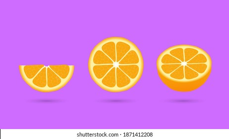 Citrus cut into slices. Juicy orange half and quarter grapefruit with yellow edges rich fruit vector volume.