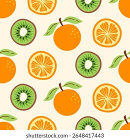 Citrus cute cartoon fruits orange, kiwi seamless pattern background vector illustration. Wallpaper texture. Hand drawn repeat print, packaging design