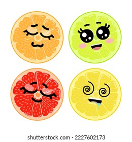 Citrus with cute faces vector set. Cartoon illustrations of different citrus cut in circles showing different emotions isolated on white background. Food, fruit, emotion concept