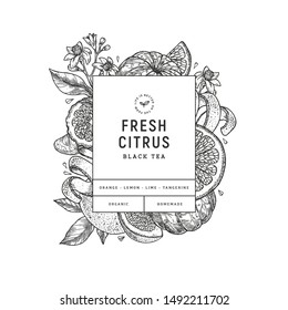 Citrus design template. Engraved botanical style illustration. Orange, flowers, lemon, tangerine. Vector illustration