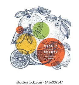 Citrus design template. Engraved style illustration. Orange, lemon, tangerine, pomelo, grapefruit. Vector illustration