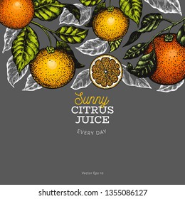 Citrus design template. Hand drawn vector color fruit illustration on dark background. Engraved style banner. Retro citrus frame.