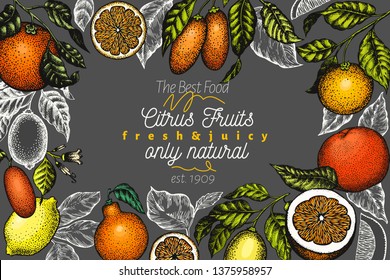 Citrus design template. Hand drawn vector colour fruit illustration on dark background. Engraved style banner. Retro citrus frame.