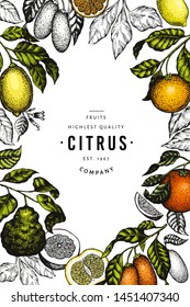 Citrus design template. Hand drawn vector color fruit illustration. Engraved style banner. Retro citrus frame.