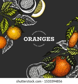 Citrus design template. Hand drawn vector color fruit illustration on dark background. Vintage citrus banner.
