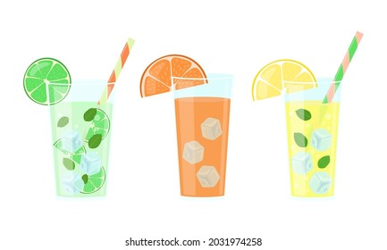 Citrus drinks set. Lemonade, orange juice and mojito in glasses isolated.  Vector illustration.