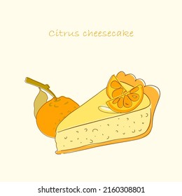 Citrus flavored cheesecake vector illustration. Orange taste dessert. Food illustration. Menu design. Cook book.