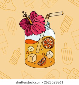 Citrus Flavored Glass Jar Drinks with Hibiscus Flowers and Straws for Refreshing Summer Beach Moments, Perfect for a Tropical Getaway and Relaxing by the Shore