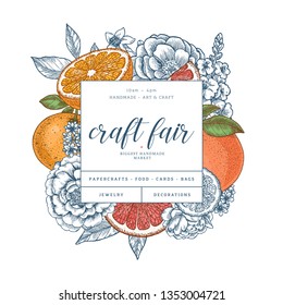 Citrus and flowers colored design template. Engraved  botanical style illustration. Vector illustration