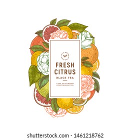 Citrus and flowers colored vertical design template. Engraved  botanical style illustration. Vector illustration