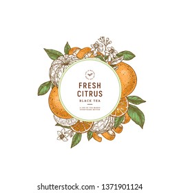 Citrus and flowers design template. Engraved style illustration. Orange, flowers, lemon, tangerine. Vector illustration