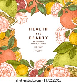 Citrus and flowers frame design template. Engraved style illustration. Orange, flowers, lemon, tangerine, grapefruit. Vector illustration