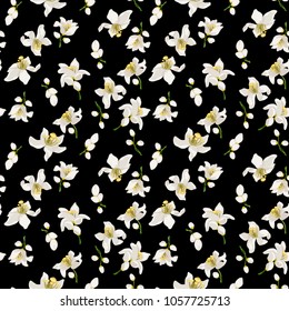 Citrus flowers seamless pattern with flowers and buds of citrus trees such as mandarine, lemon, orange and lime. Exclusive spring mood of blossom