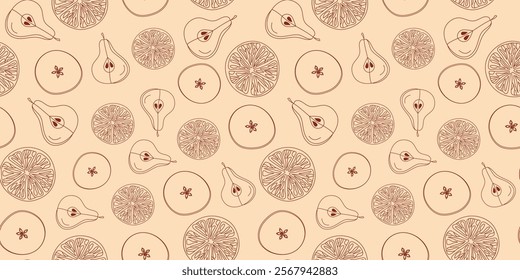 Citrus, food pattern. Orange, apple, pear, lemon. Fruit slices. Hand drawn line icons. Repeating doodle background.