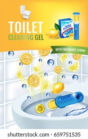 Citrus fragrance toilet cleaner gel disc ads. Vector realistic Illustration with toilet bowl gel dispenser and gel discs. Vertical poster.