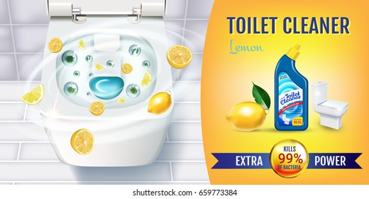 Citrus fragrance toilet cleaner gel ads. Vector realistic Illustration with top view of toilet bowl and disinfectant container. Horizontal banner.