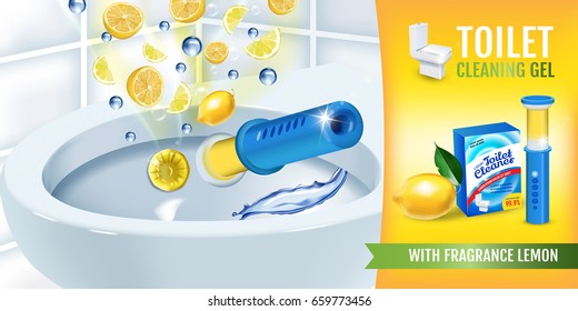 Citrus fragrance toilet cleaner gel disc ads. Vector realistic Illustration with toilet bowl gel dispenser and gel discs. Horizontal banner.