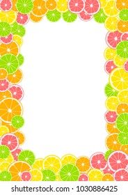 Citrus frame, border with space for text or photo. Summer print composed of yellow lemon, green lime, pink grapefruit and orange on white background. Page of notebook.