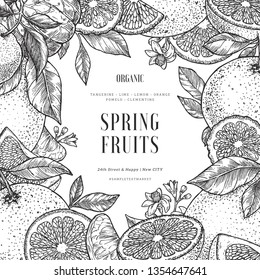 Citrus frame design template. Engraved style illustration. Orange, flowers, lemon, tangerine, grapefruit. Vector illustration