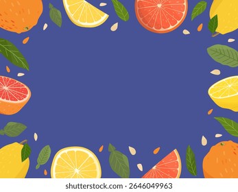 Quadro de citrinos. Ilustração vetorial com limão. toranjas e folhas, sementes. Isolado no fundo azul. Coleção de citros coloridos. frutas de verão.