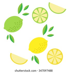 Citrus fresh fruit set vector icon isolated on white background. Lemon. Lime.
