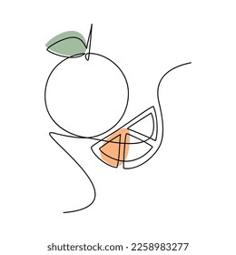 Citrus fruit with cut piece of orange vector. One line continuous hand drawn illustration. Minimal linear silhouette icon. Minimal design, print, banner, card, wall art poster, brochure, logo, menu.