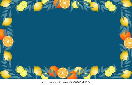 Citrus Fruit Frame. Rectangular frame of lemons and oranges on blue-green background. For text, design, advertising or images.