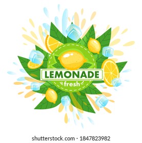 Citrus fruit fresh lemonade product vector illustration. Cartoon flat citrous design template leaflet with sliced whole lemon ripe fruits, splashing juice, green leaf and ice cubes isolated on white