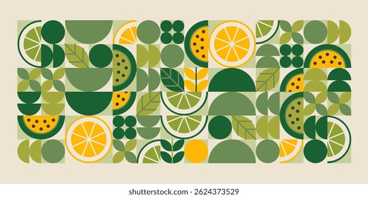 Citrus fruit geometric illustration - lemon, lime, orange slices and leaves. Flat abstract mosaic composition with organic shapes cutouts. Greenery color palette pattern for healthy eco food design.